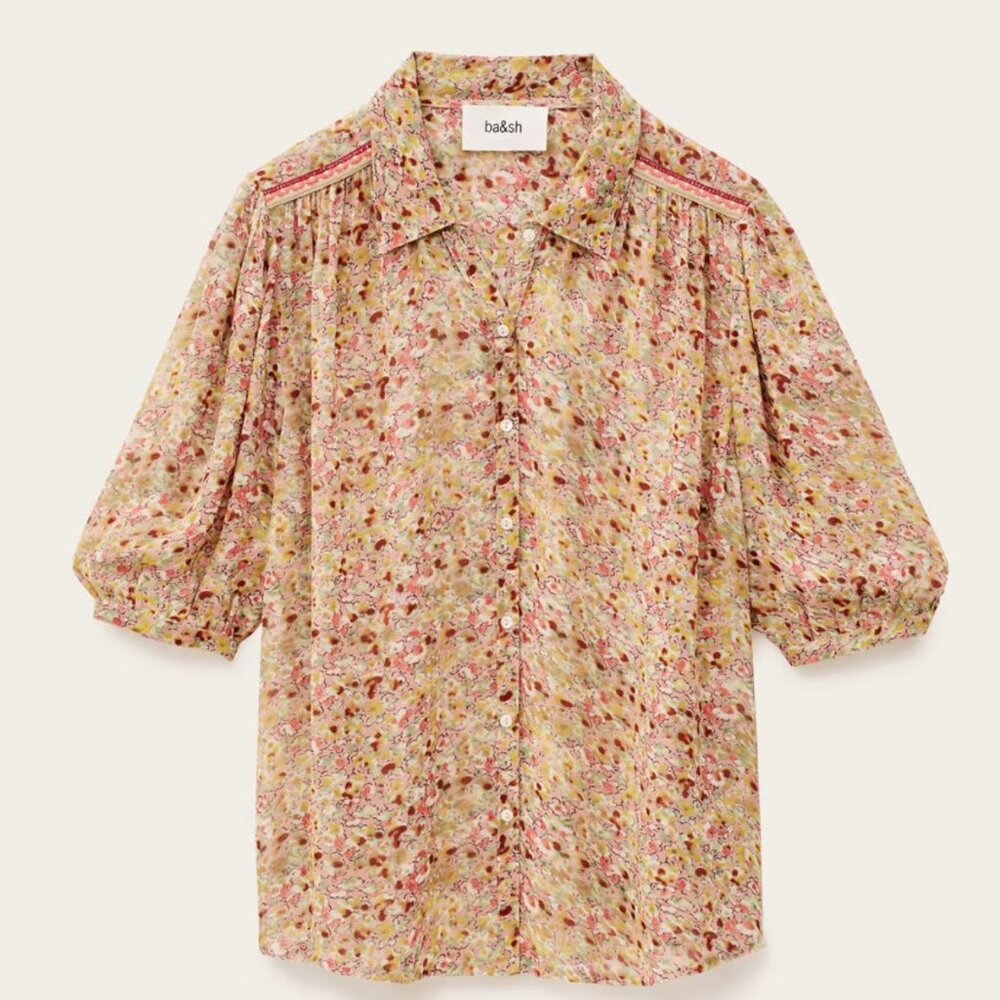 ba&sh NEW Lark Rose Floral Semi Sheer Braided Detail Button Front Blouse US 6 - Picture 2 of 11